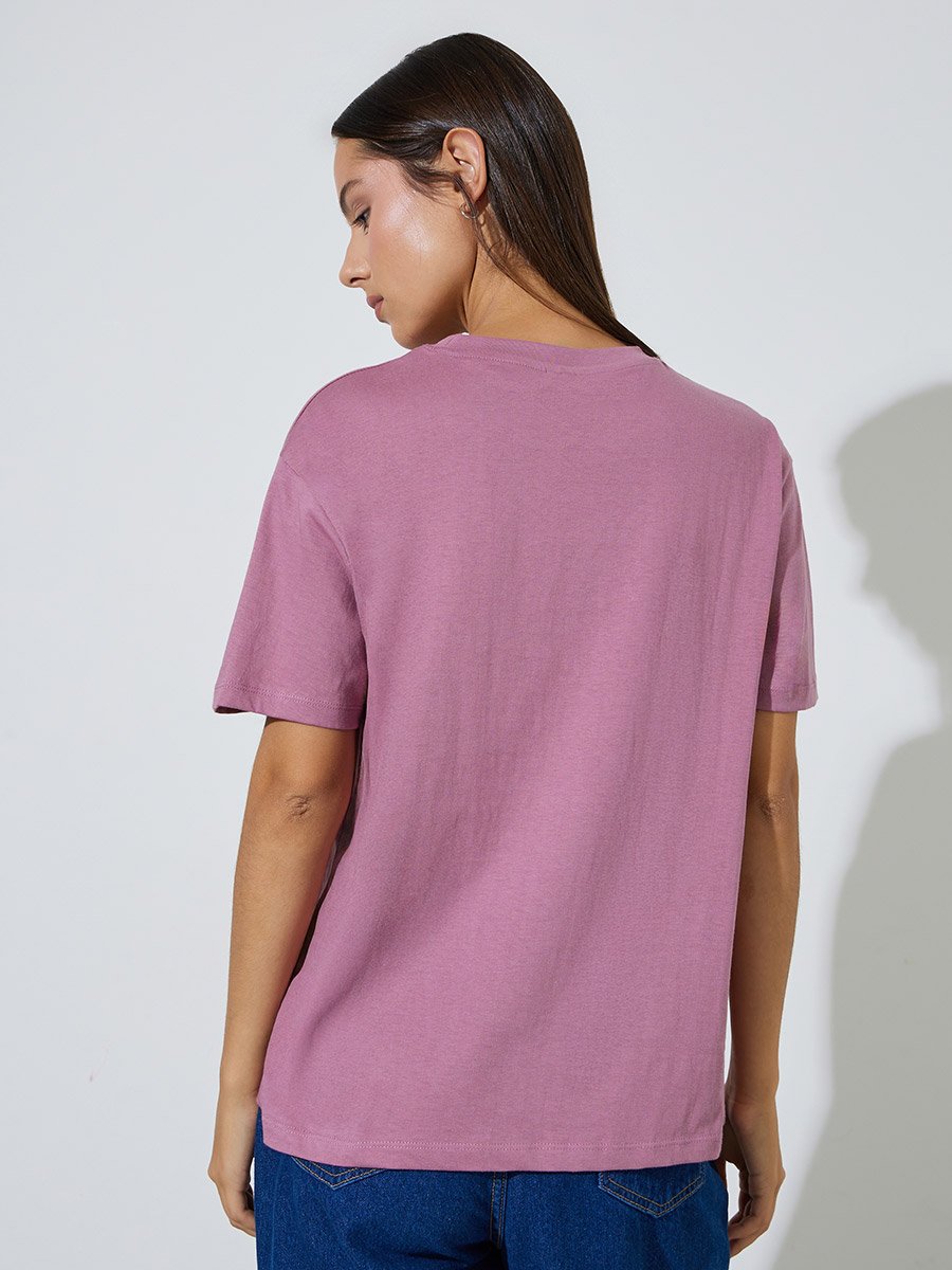 Pink Slogan Embroidered Short Sleeves Regular Fit T-Shirt