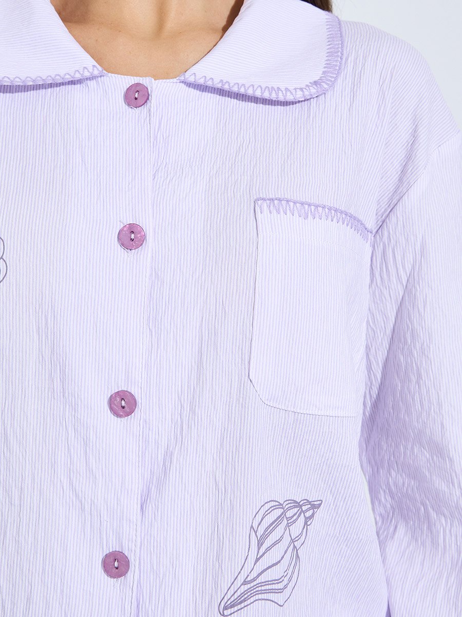 Purple Striped Printed Pocket Shirt and Pyjama Set