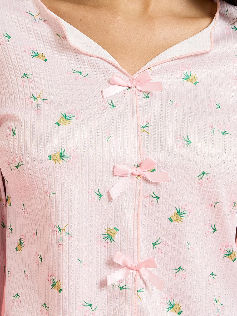 Pink Floral Ribbed Crop Top and Straight Pyjama Set