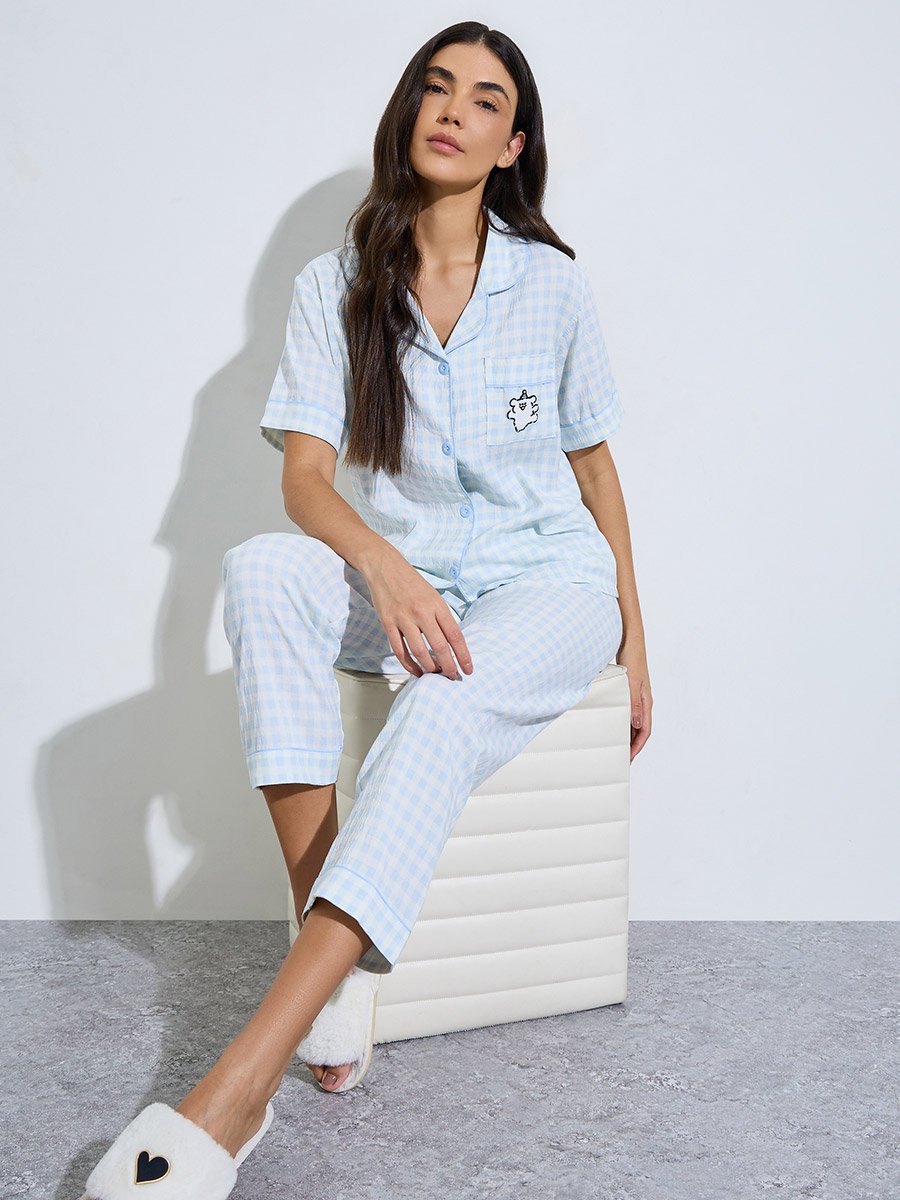 Blue Checked Short Sleeve Shirt and Pyjama Set