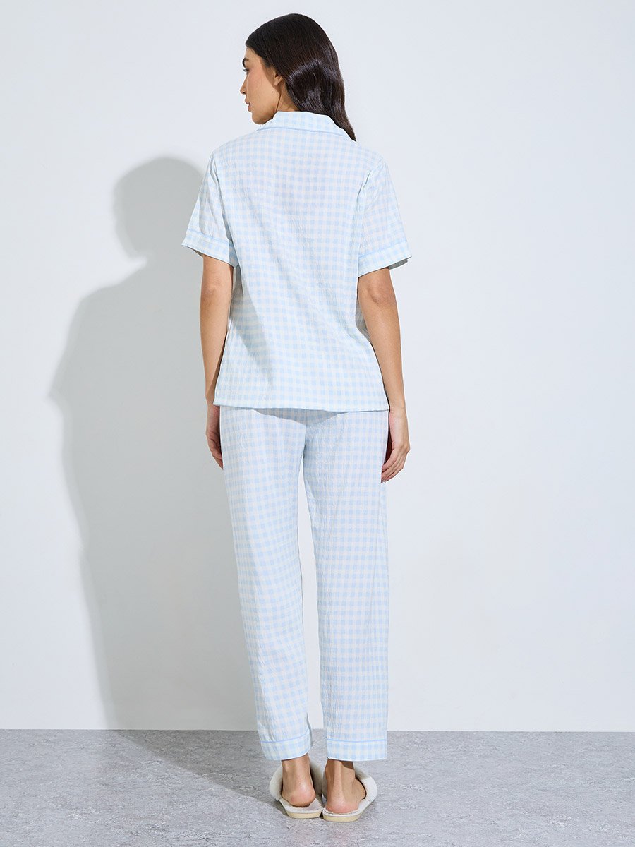 Blue Checked Short Sleeve Shirt and Pyjama Set