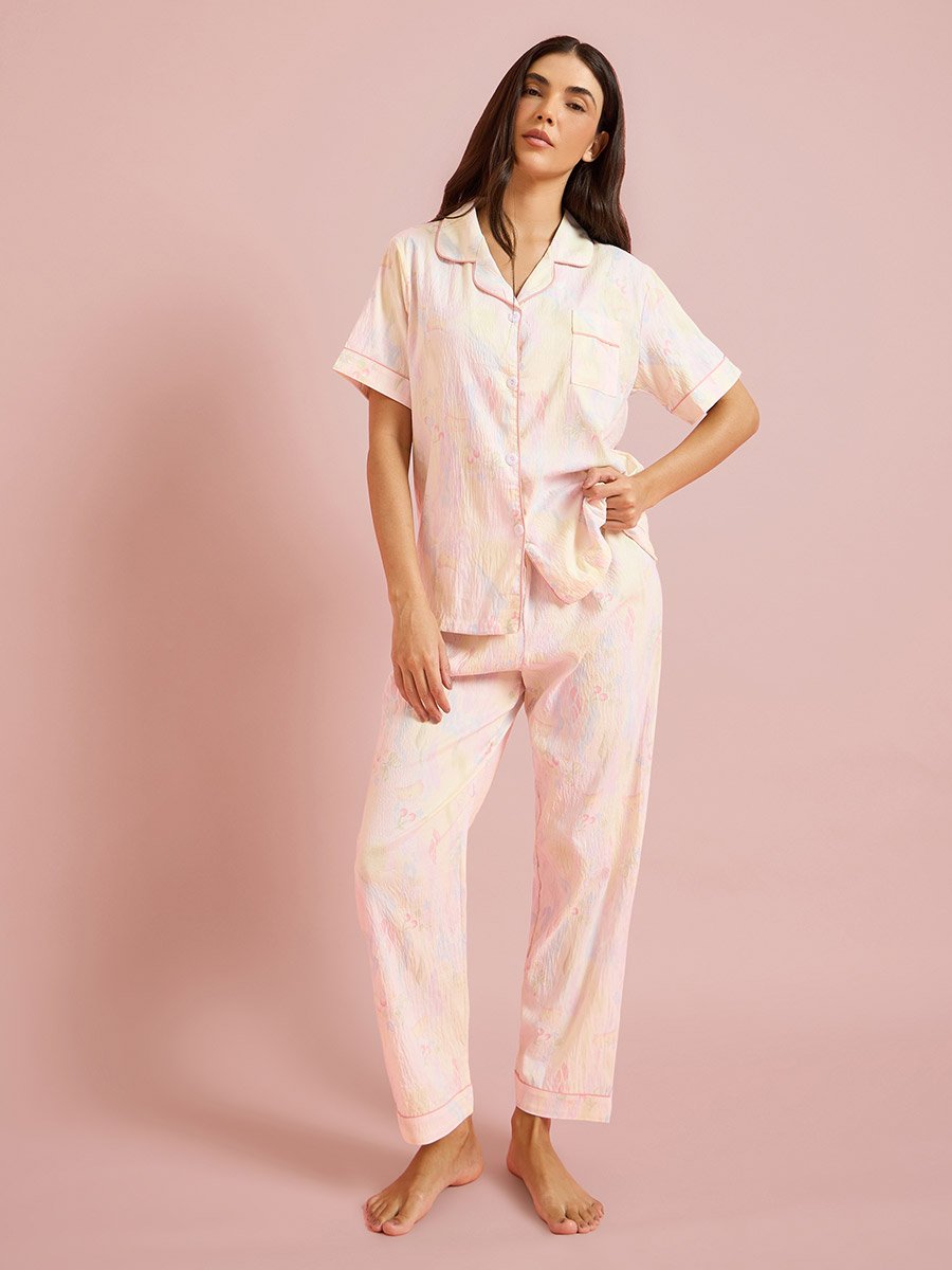 Peach All Over Print Collared Shirt and Pyjama Seyt