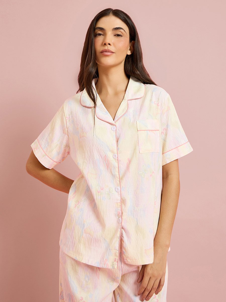 Peach All Over Print Collared Shirt and Pyjama Seyt
