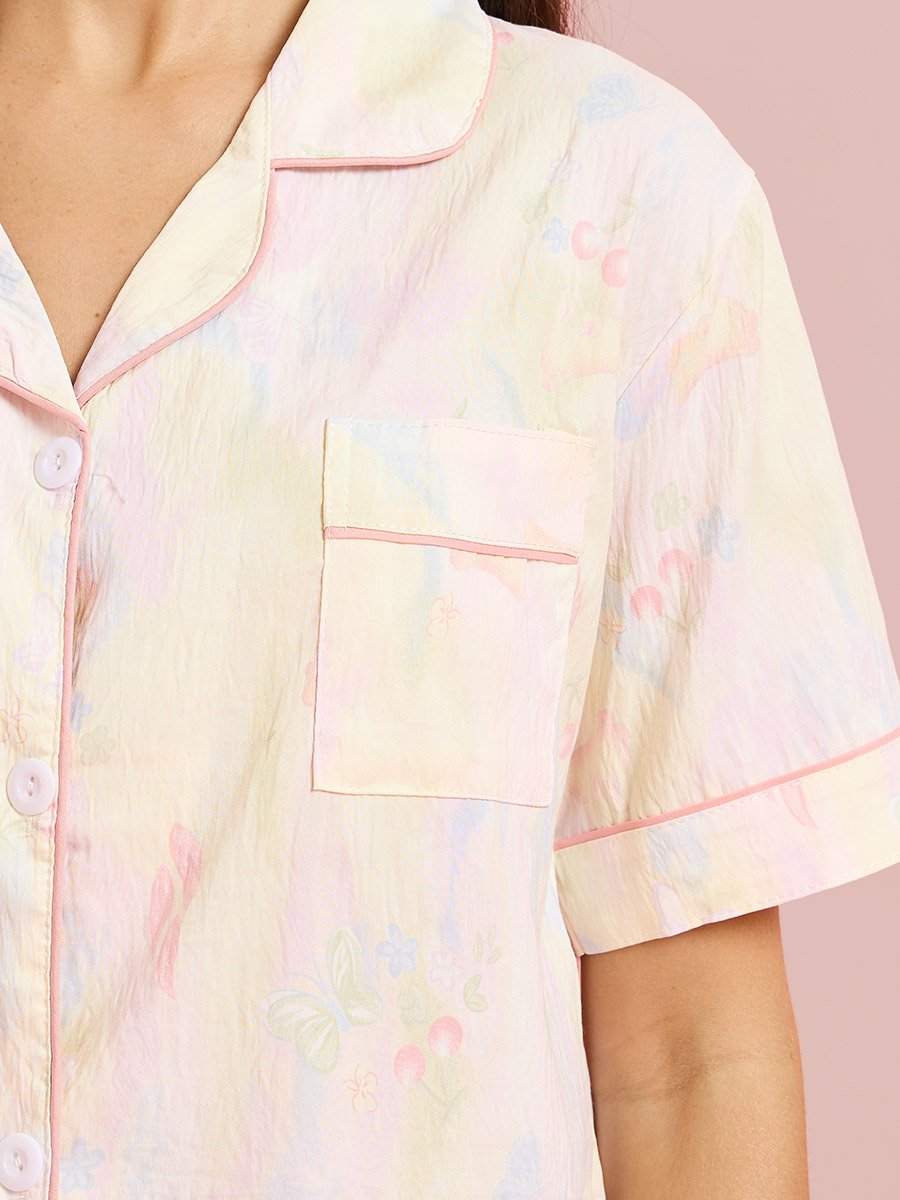 Peach All Over Print Collared Shirt and Pyjama Seyt