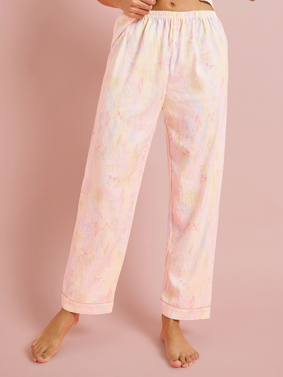 Peach All Over Print Collared Shirt and Pyjama Seyt