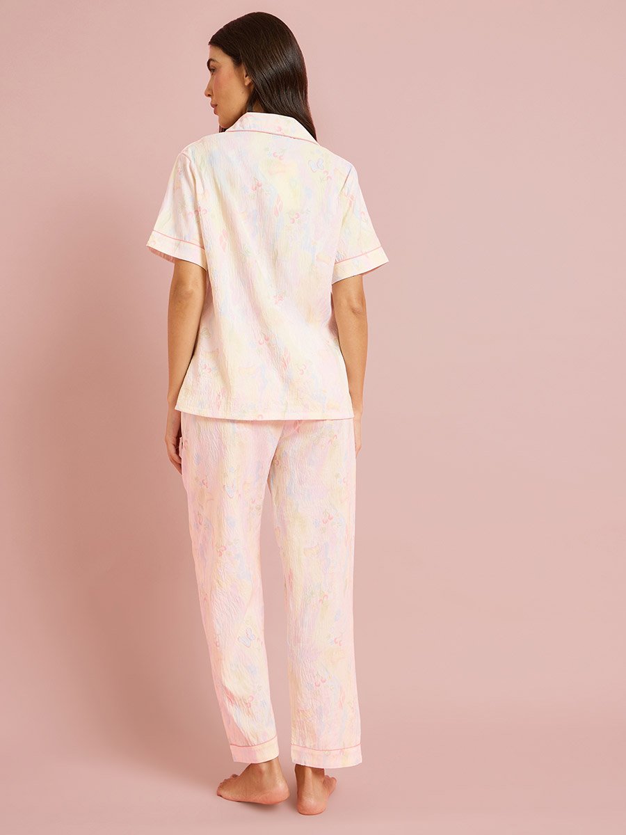 Peach All Over Print Collared Shirt and Pyjama Seyt
