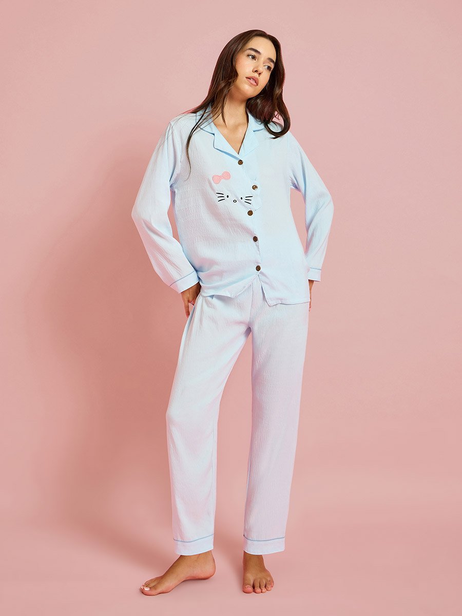 Blue Cat Graphic Shirt and Pyjama Set