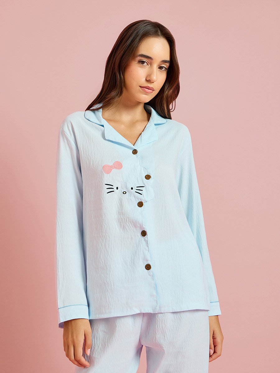 Blue Cat Graphic Shirt and Pyjama Set