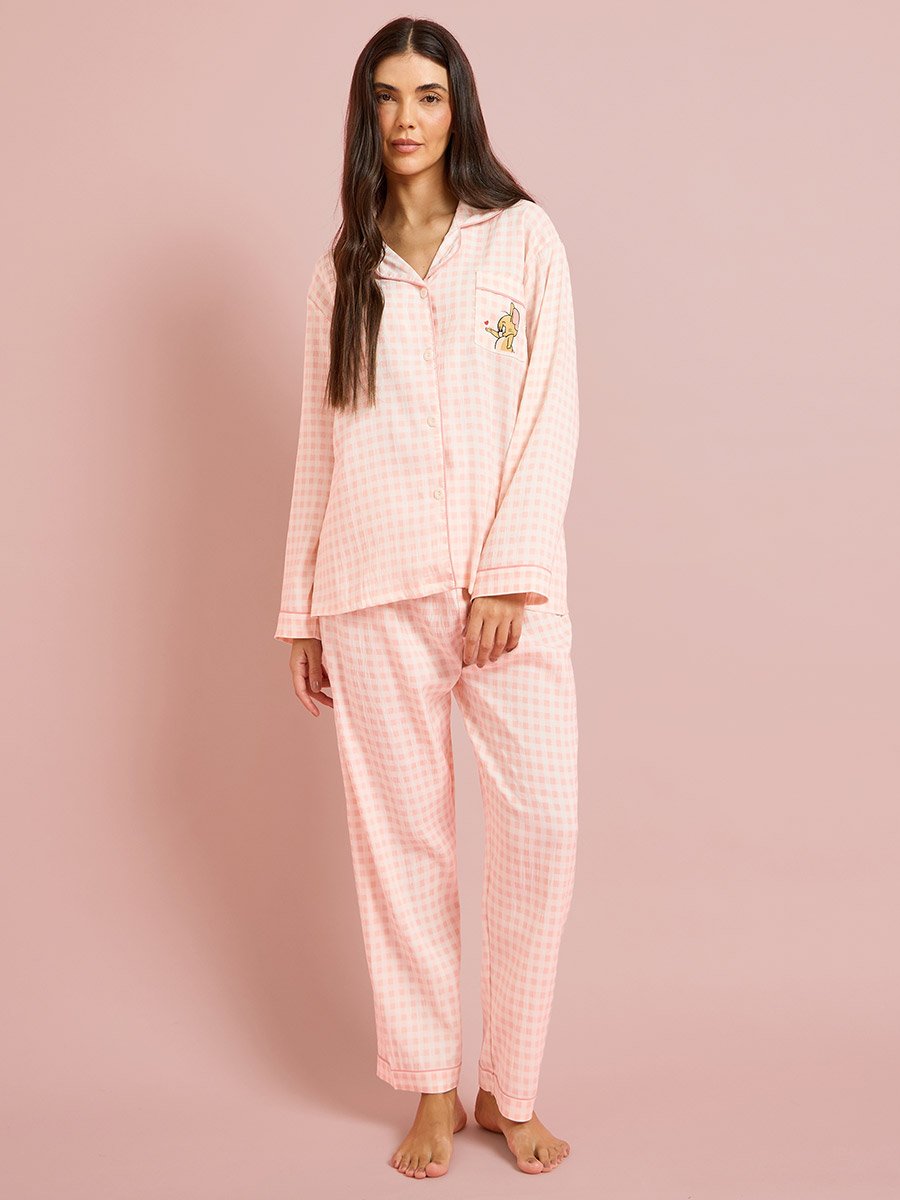 Pink Checked Long Sleeves Shirt and Pants Pyjama Set