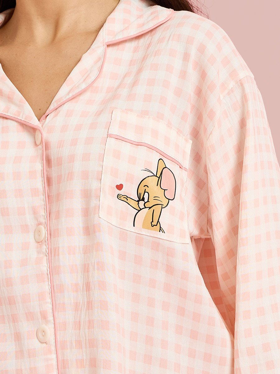 Pink Checked Long Sleeves Shirt and Pants Pyjama Set