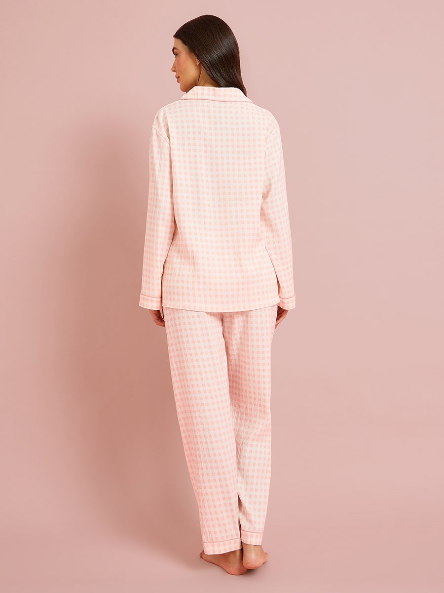 Pink Checked Long Sleeves Shirt and Pants Pyjama Set
