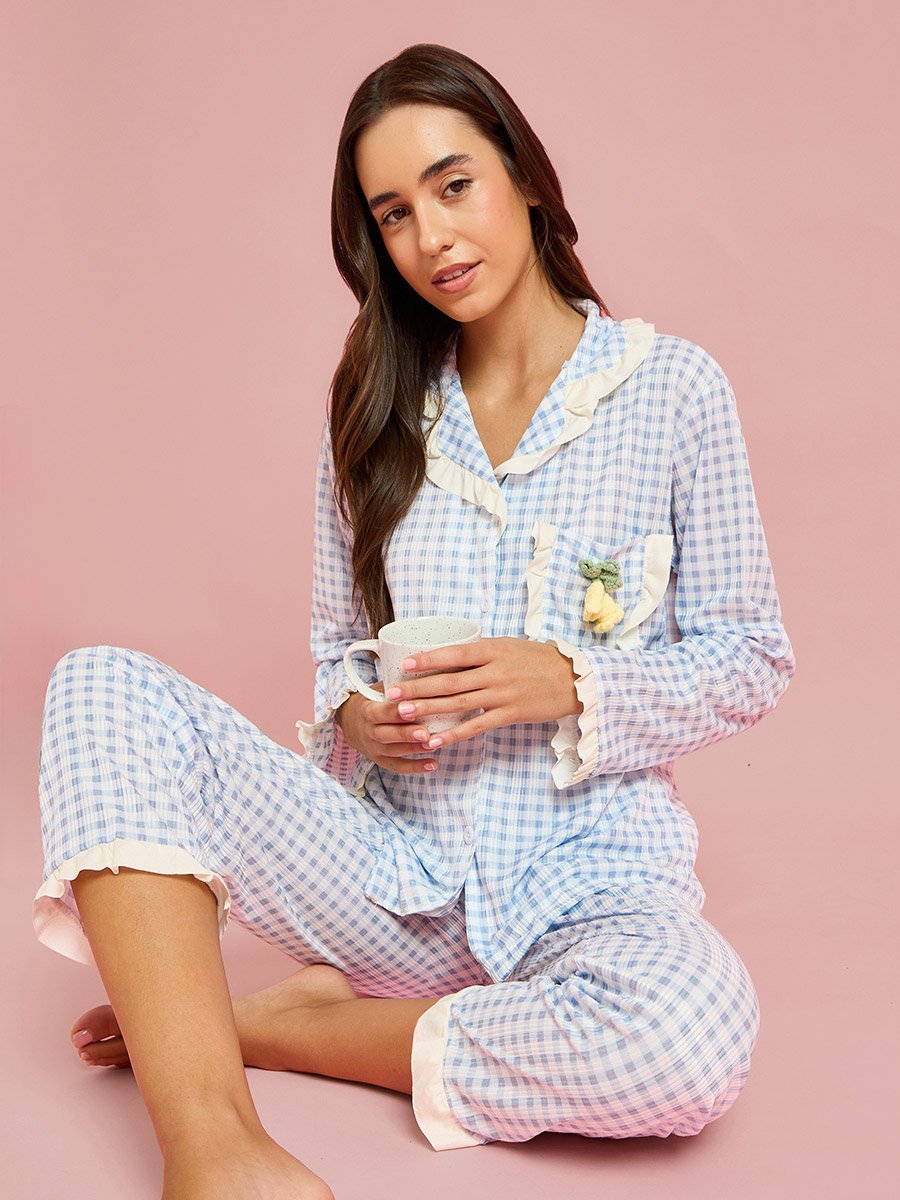 Blue Checked Lace Trim Shirt and Pyjama Set