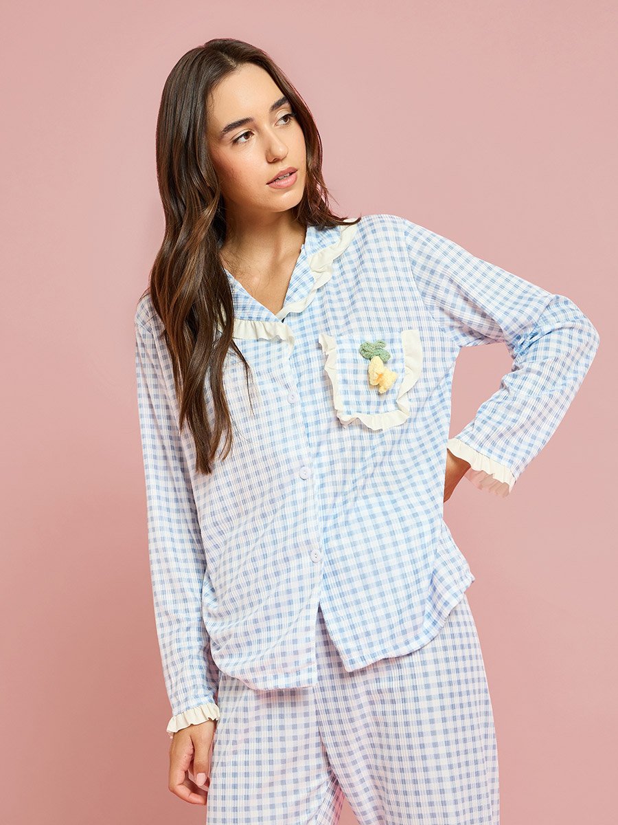 Blue Checked Lace Trim Shirt and Pyjama Set