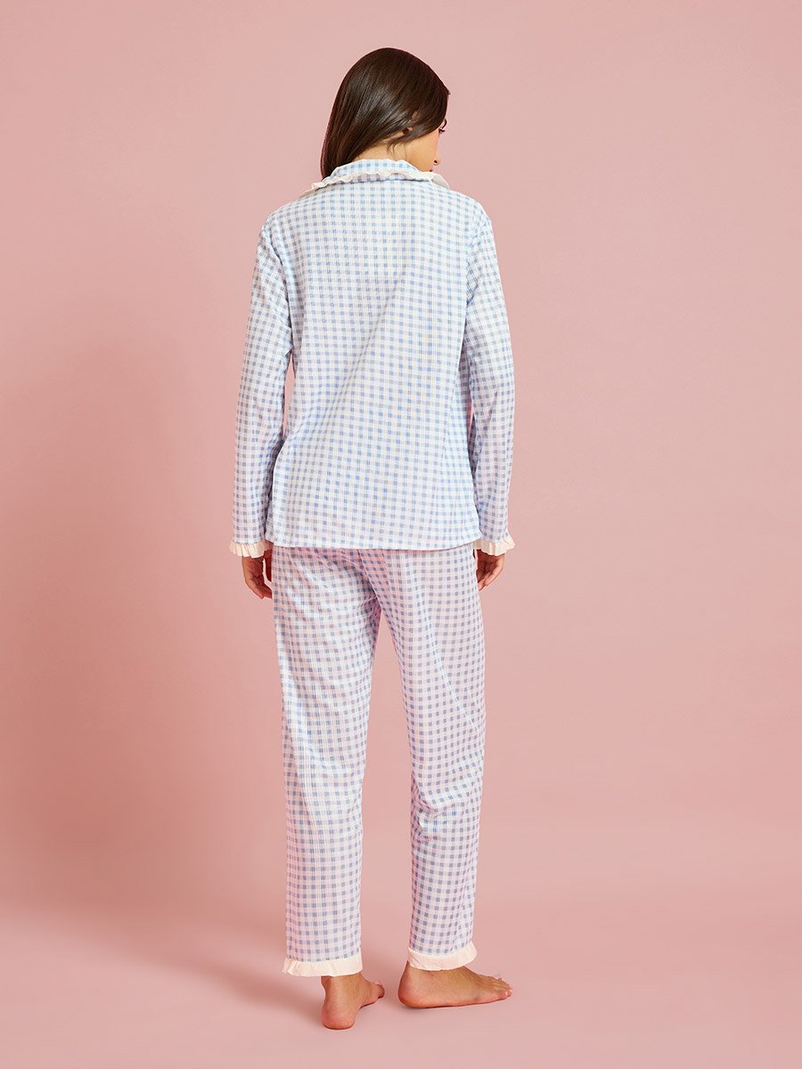 Blue Checked Lace Trim Shirt and Pyjama Set
