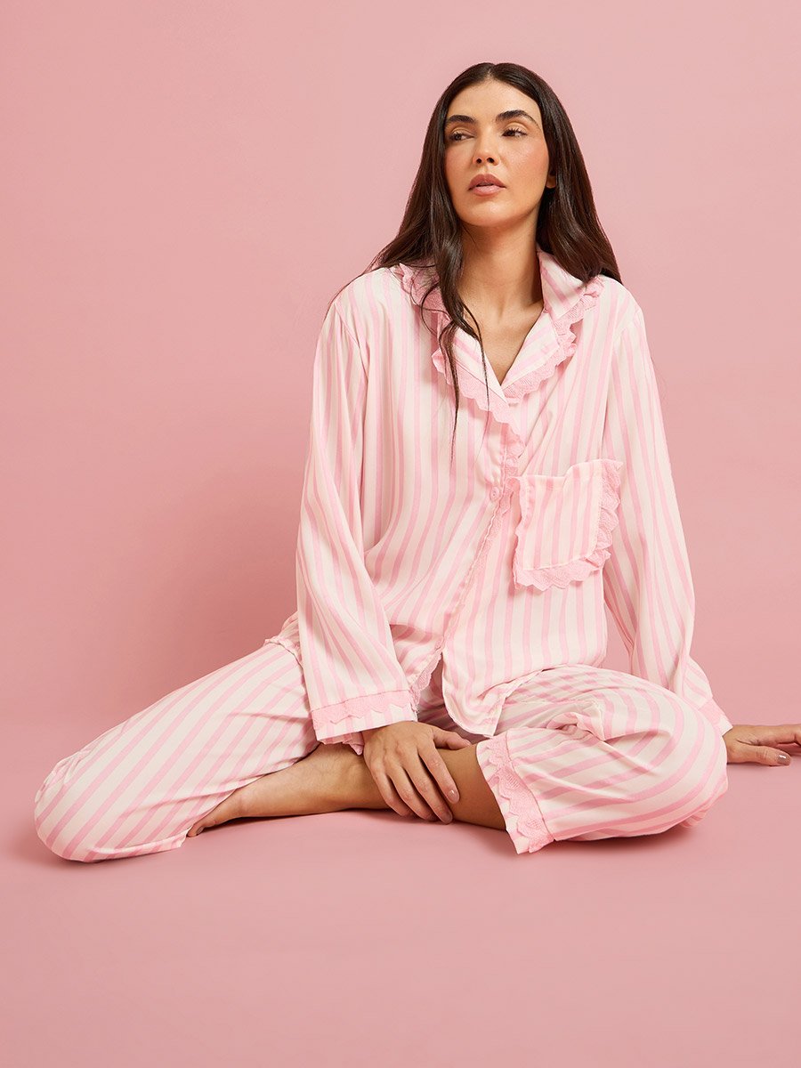 Pink Striped Ruffled Shirt and Pyjama Set