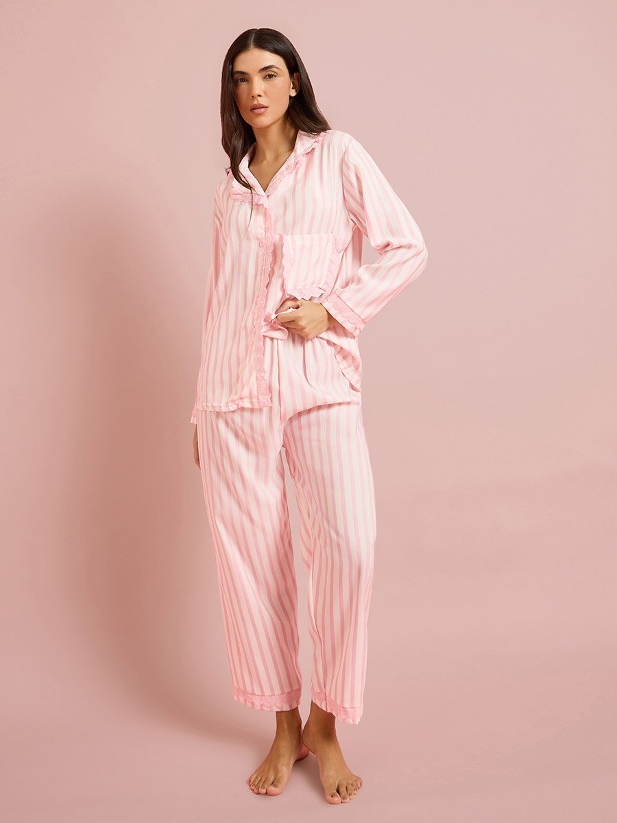 Pink Striped Ruffled Shirt and Pyjama Set