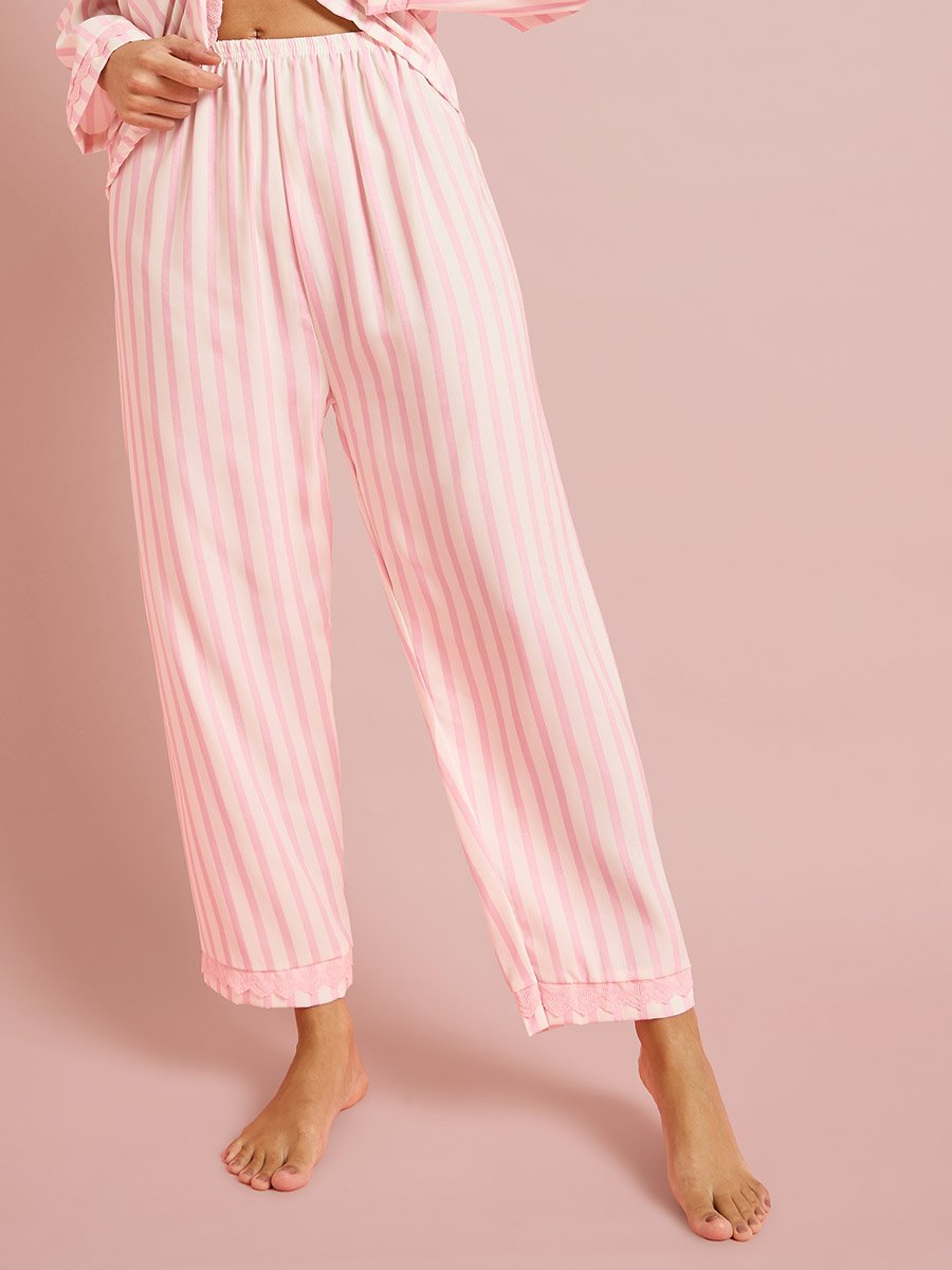 Pink Striped Ruffled Shirt and Pyjama Set
