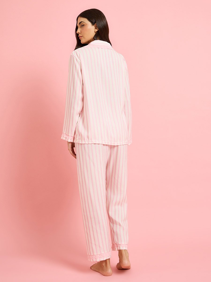 Pink Striped Ruffled Shirt and Pyjama Set
