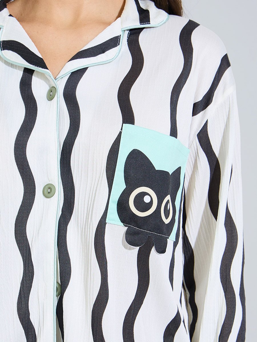 White Striped Cat Pocket Print Shirt and Pyjama Set