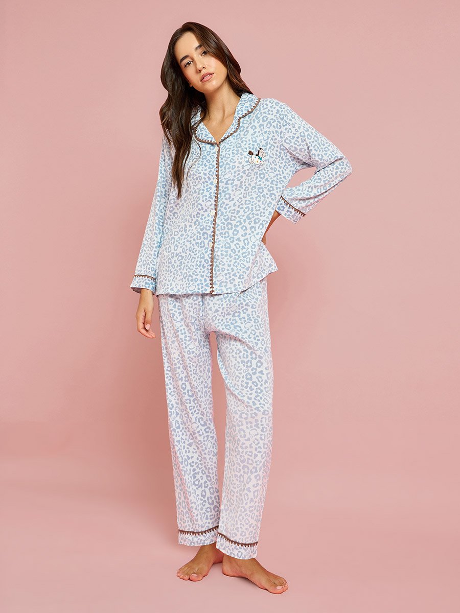 Blue Leopard Print Shirt and Pyjama Set