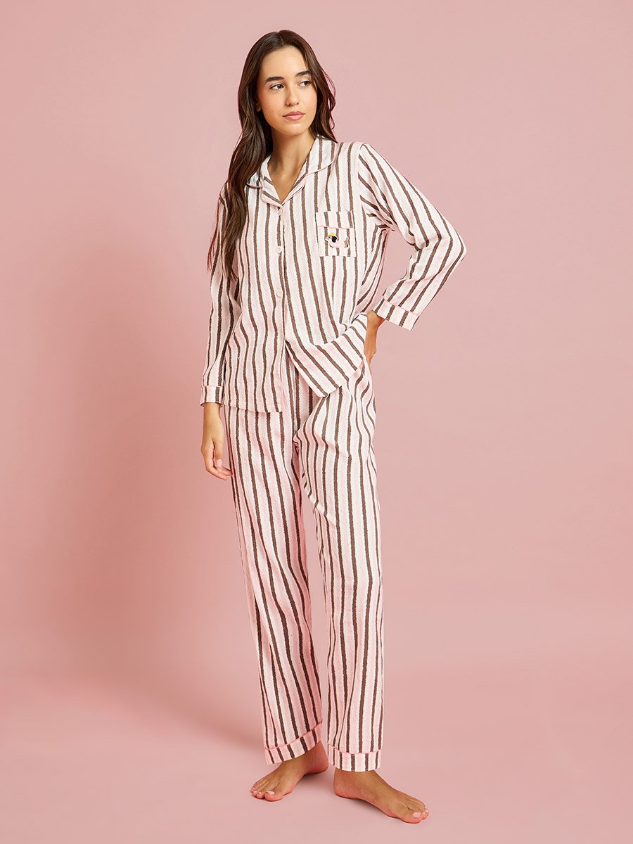 Beige Striped Collar Shirt and Pyjama Set