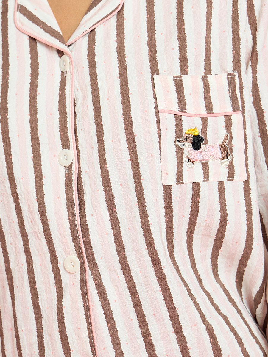 Beige Striped Collar Shirt and Pyjama Set