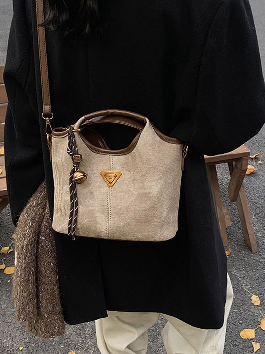 Beige Suede-Look Handbag with Strap