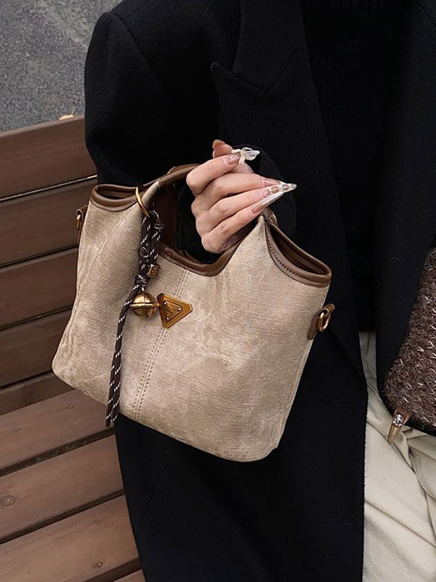Beige Suede-Look Handbag with Strap