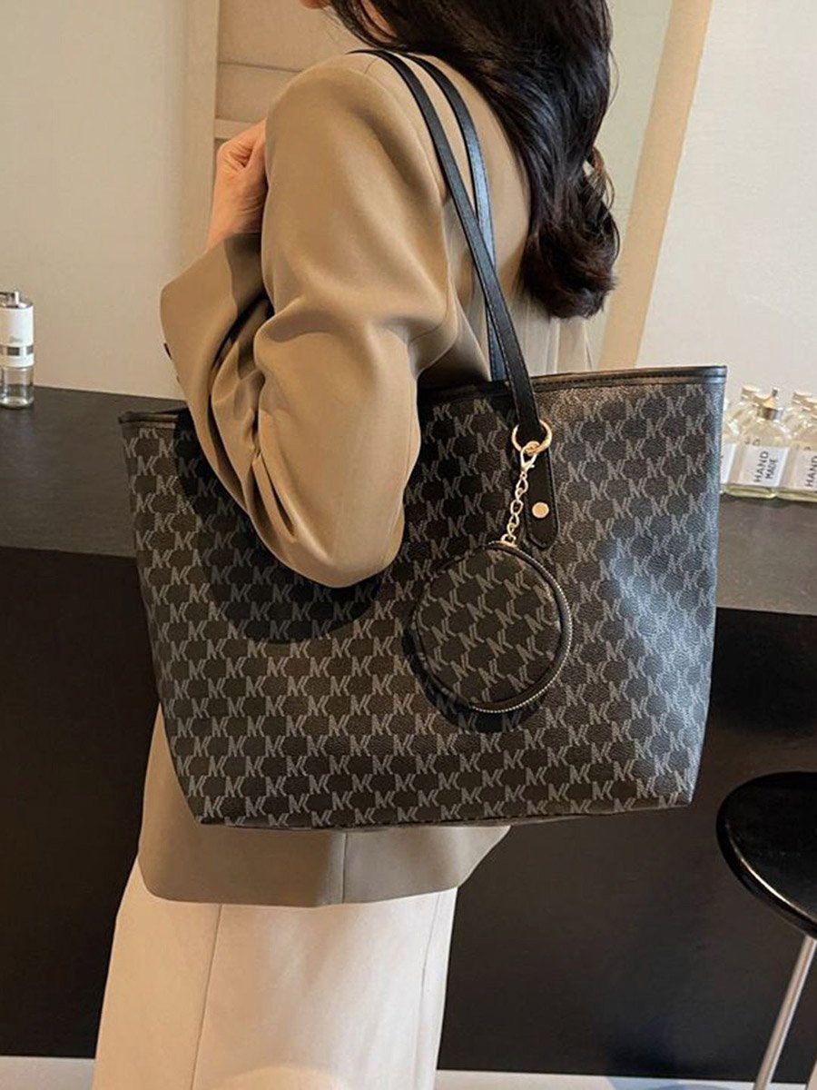Black Monogram Pattern Tote Bag with Purse