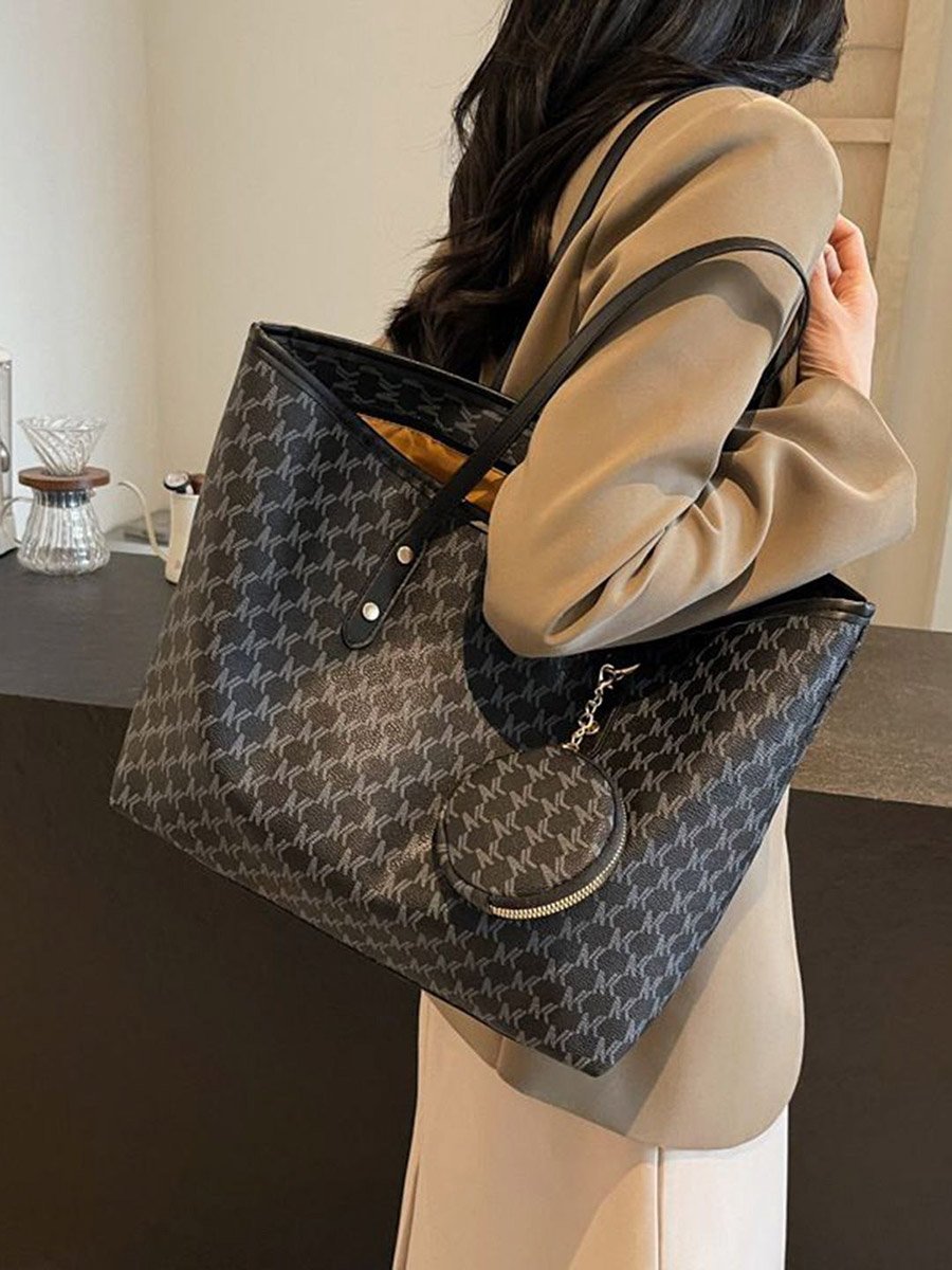 Black Monogram Pattern Tote Bag with Purse