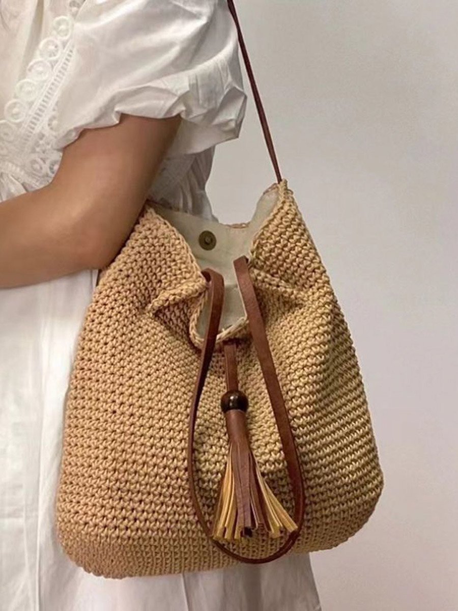 Beige Crochet Knit Shoulder Tote Bag