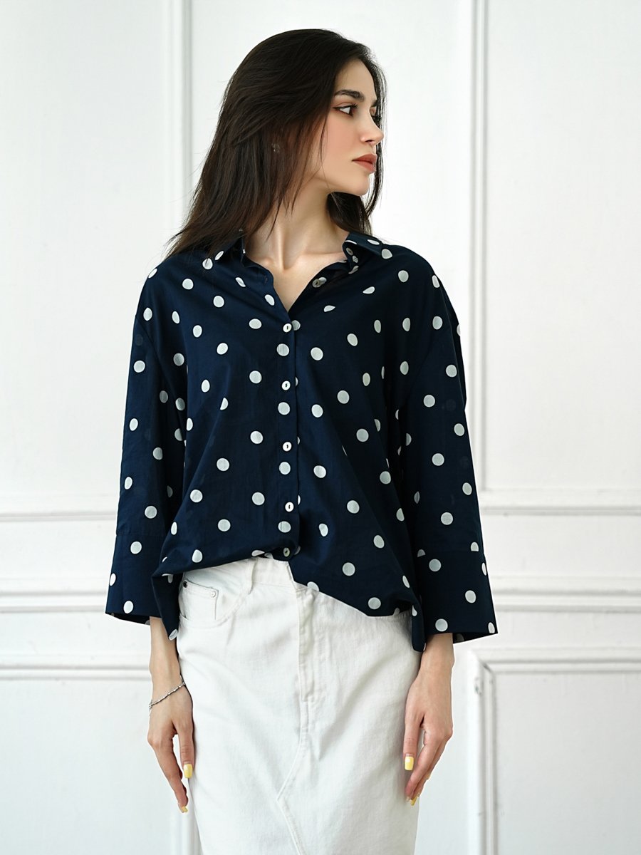 Dark Blue Polka Dot Long Sleeve Blouse