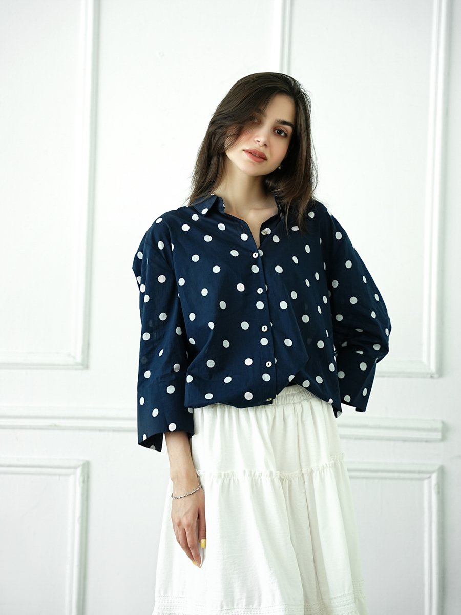 Dark Blue Polka Dot Long Sleeve Blouse