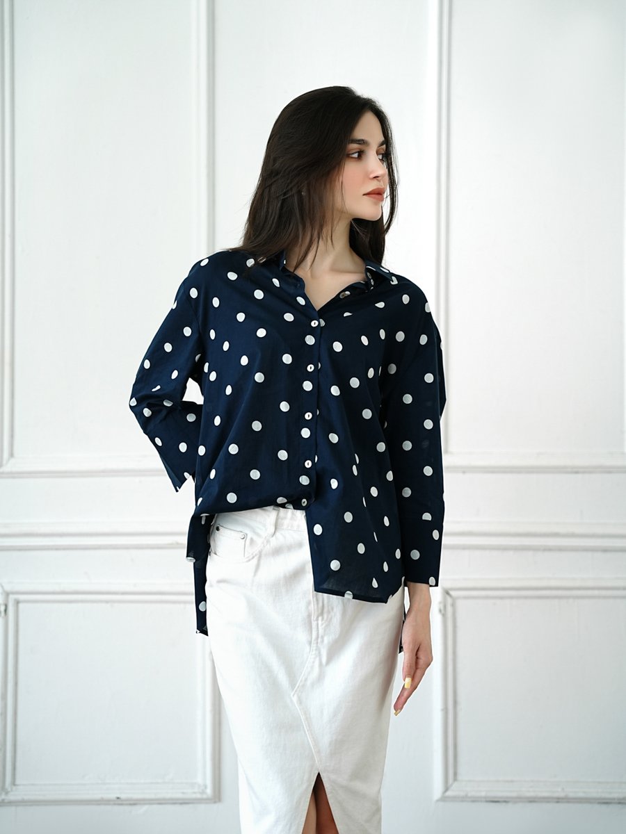 Dark Blue Polka Dot Long Sleeve Blouse