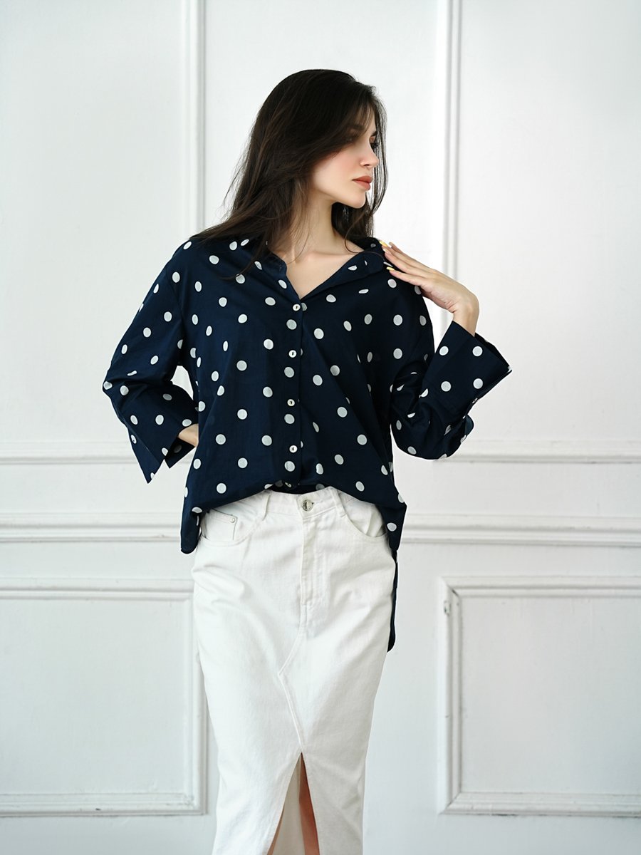 Dark Blue Polka Dot Long Sleeve Blouse