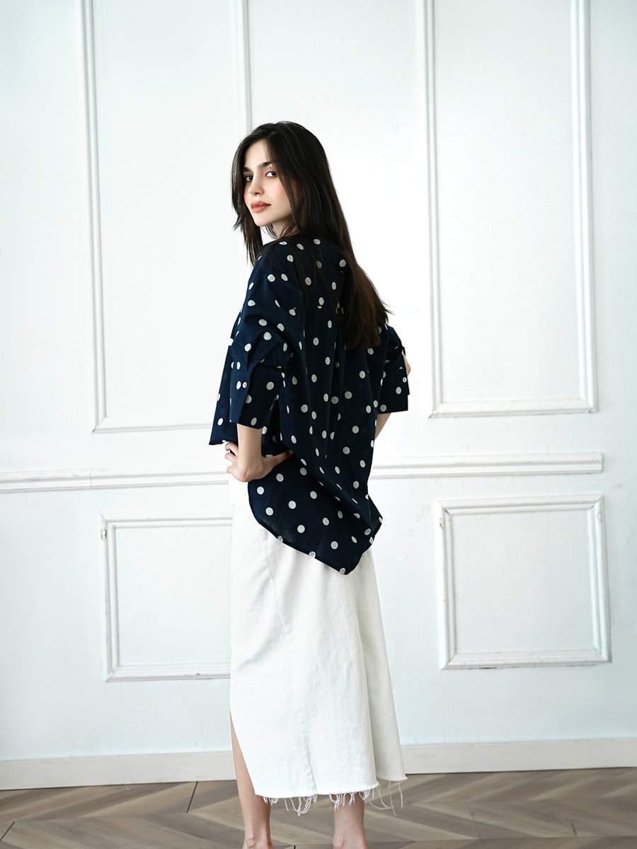 Dark Blue Polka Dot Long Sleeve Blouse