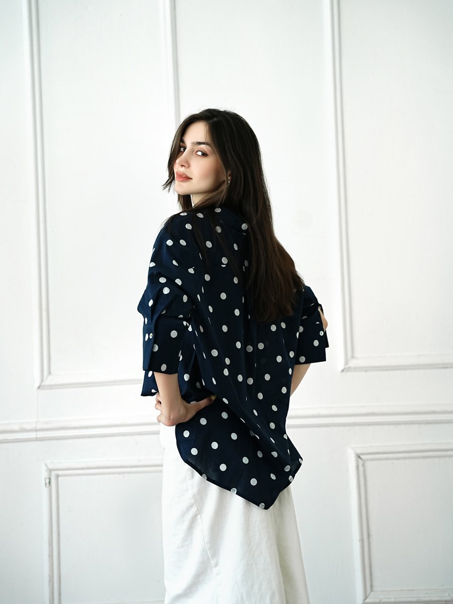 Dark Blue Polka Dot Long Sleeve Blouse