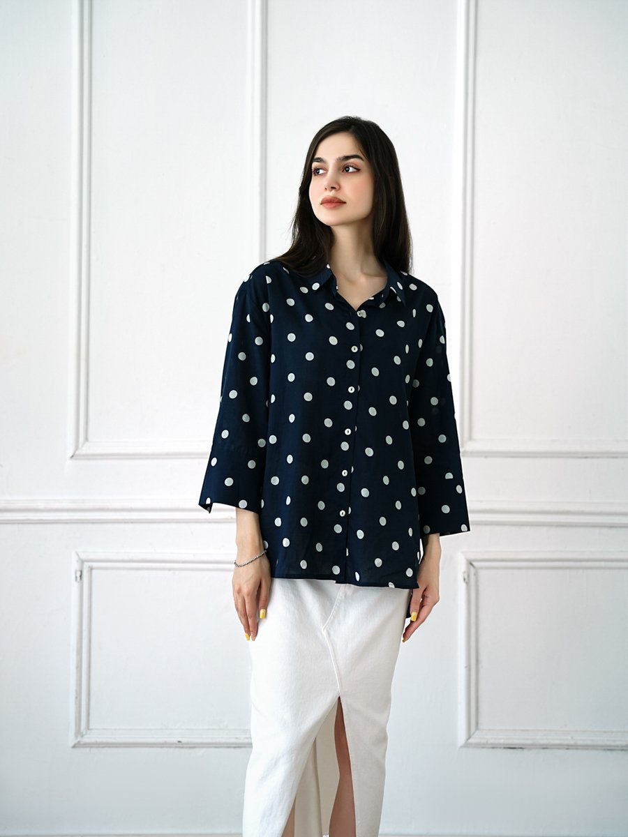 Dark Blue Polka Dot Long Sleeve Blouse