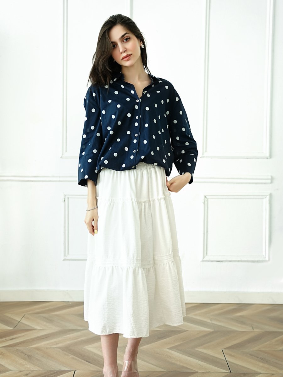 Dark Blue Polka Dot Long Sleeve Blouse