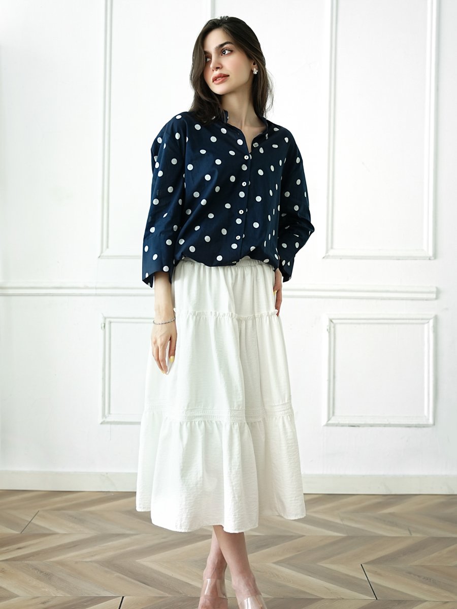 Dark Blue Polka Dot Long Sleeve Blouse