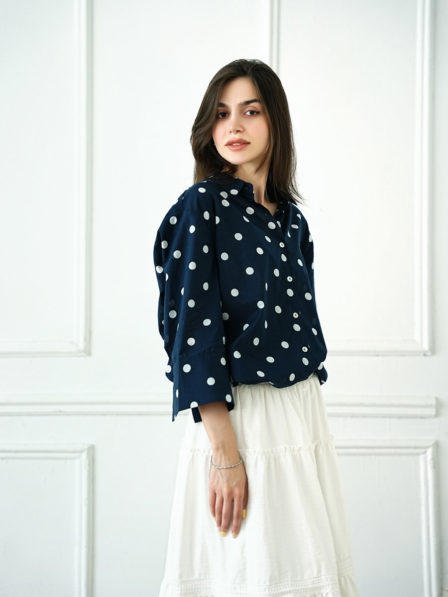 Dark Blue Polka Dot Long Sleeve Blouse