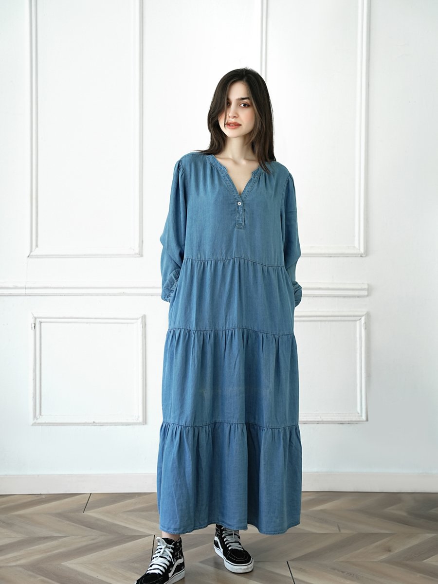 Light Blue Plain Maxi A-Line Dress with Long Sleeves - Perfect for Daytime
