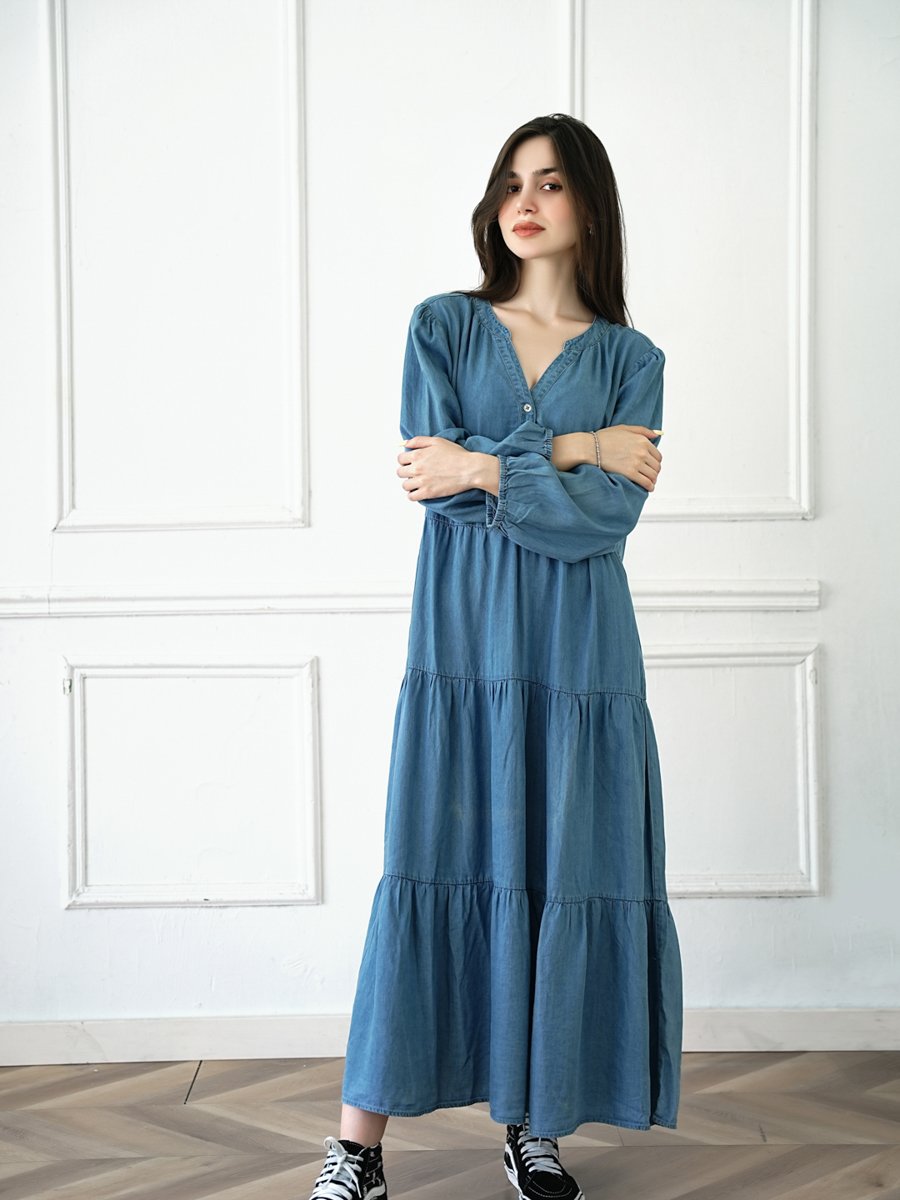 Light Blue Plain Maxi A-Line Dress with Long Sleeves - Perfect for Daytime
