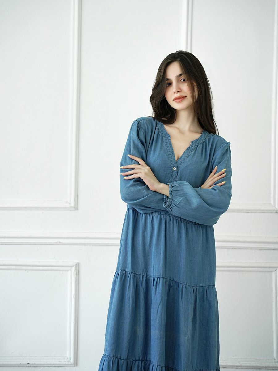 Light Blue Plain Maxi A-Line Dress with Long Sleeves - Perfect for Daytime