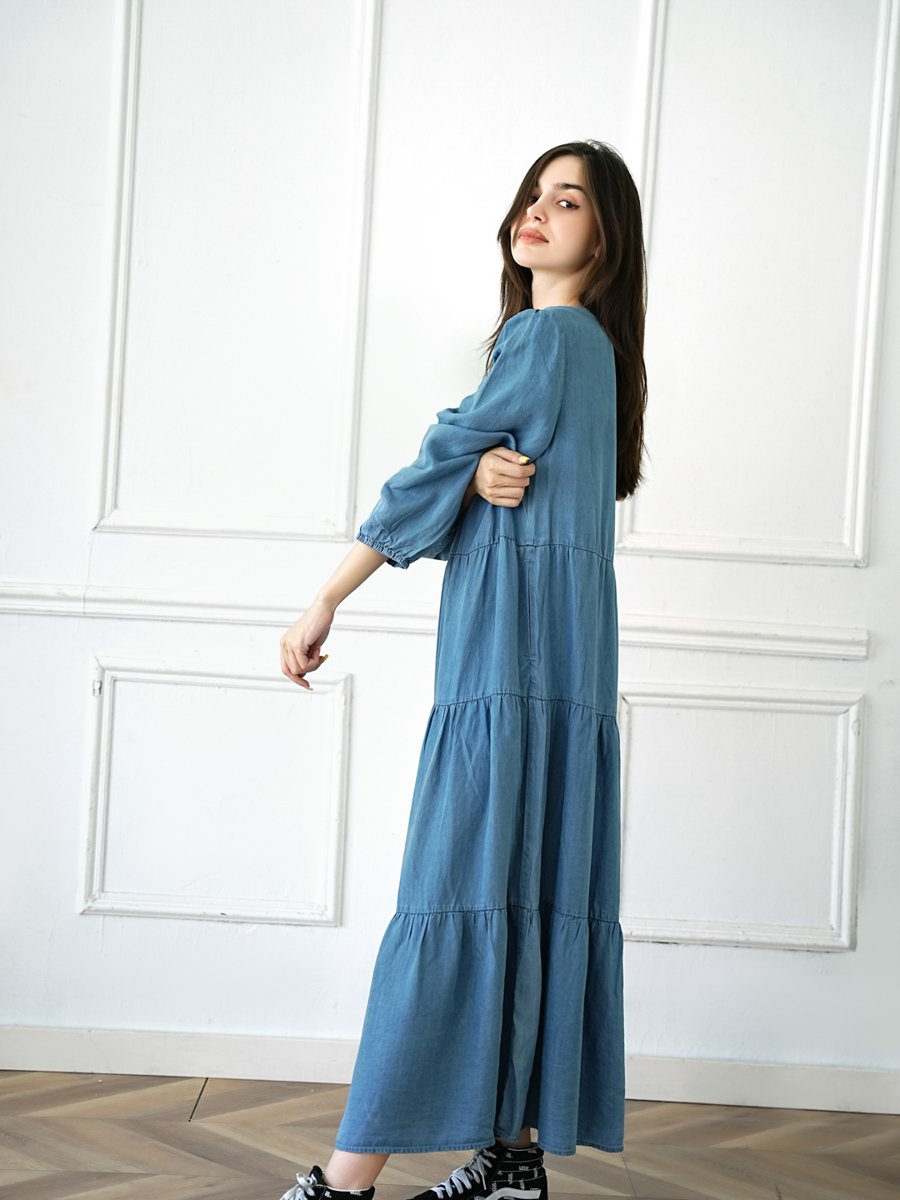 Light Blue Plain Maxi A-Line Dress with Long Sleeves - Perfect for Daytime