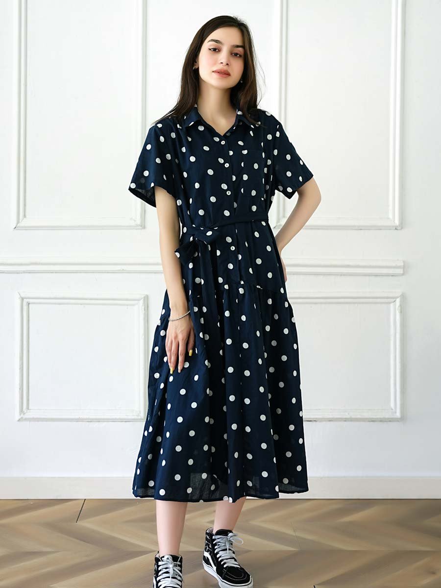 Dark Blue Printed Collared A-Line Maxi Dress
