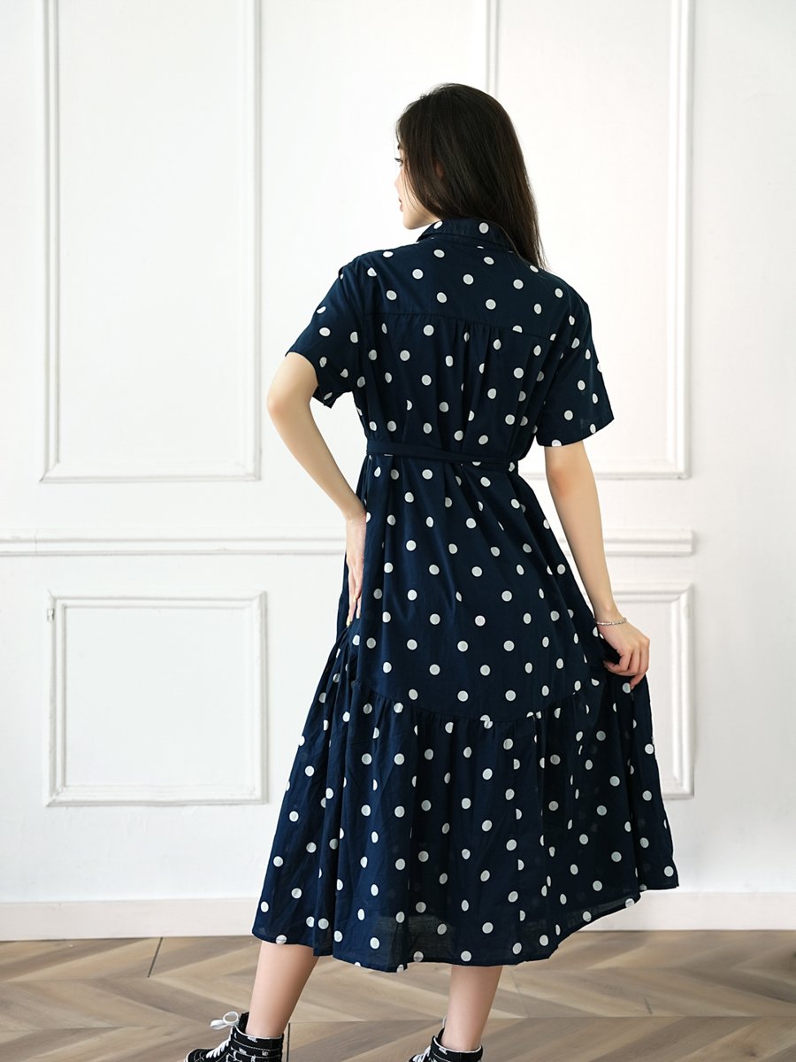 Dark Blue Printed Collared A-Line Maxi Dress