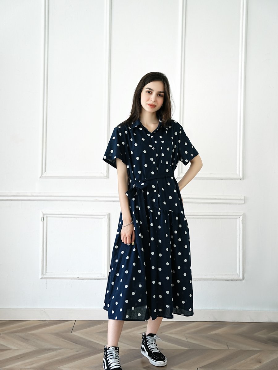 Dark Blue Printed Collared A-Line Maxi Dress