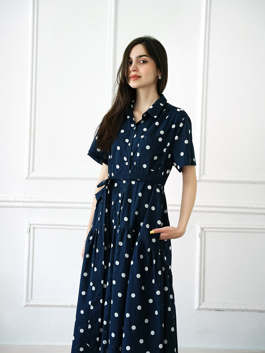 Dark Blue Printed Collared A-Line Maxi Dress