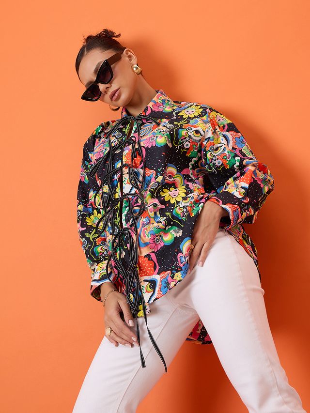 Printed Tie-Up Long Sleeve Cotton Shirt